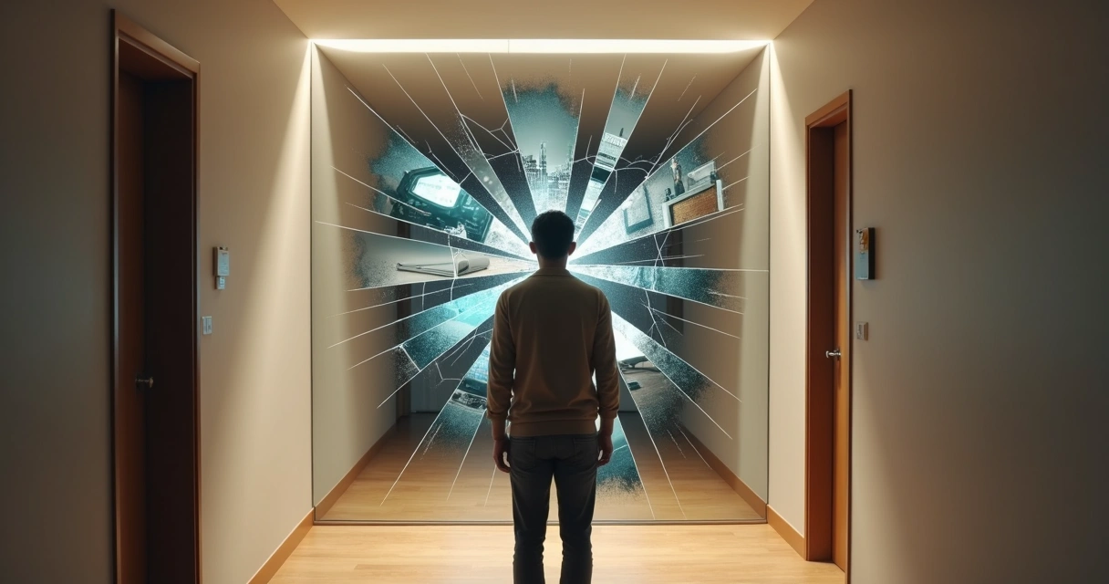 Person standing before a fractured mirror reflecting multiple daily distractions 
