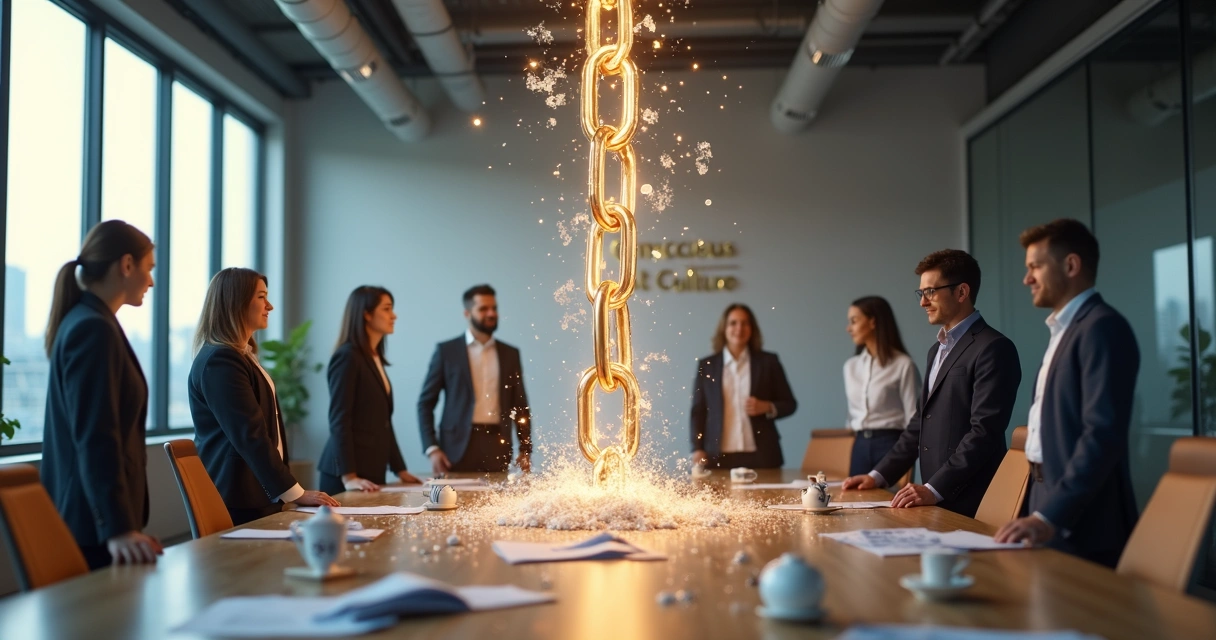 Office workers quietly breaking a large glowing chain made of ritual icons 