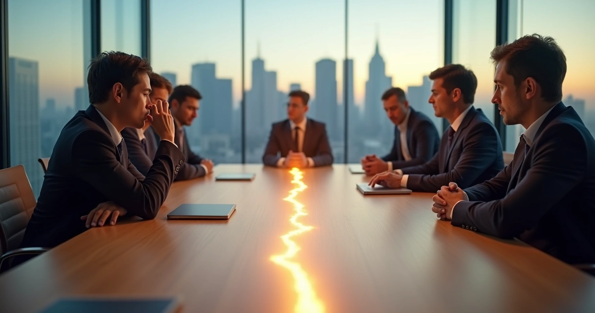 Business team in tense meeting divided by invisible crack across the table 