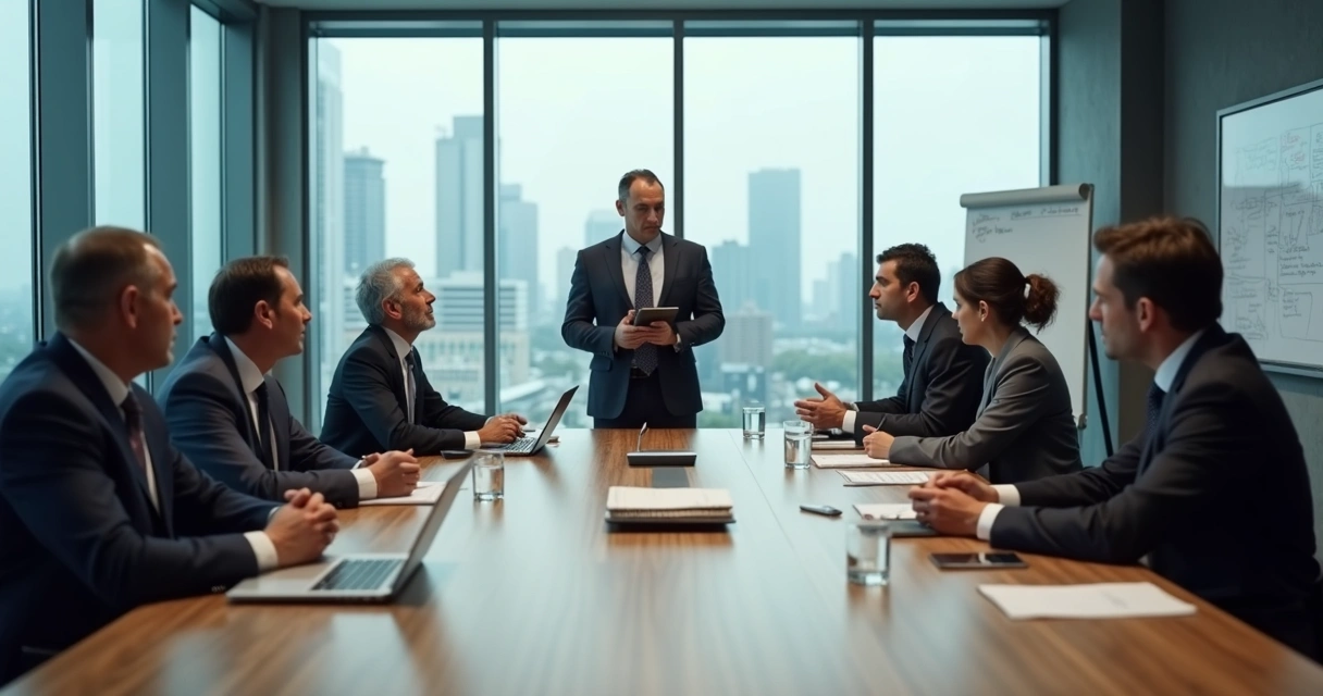 Business team in tense meeting with visible division at conference table 