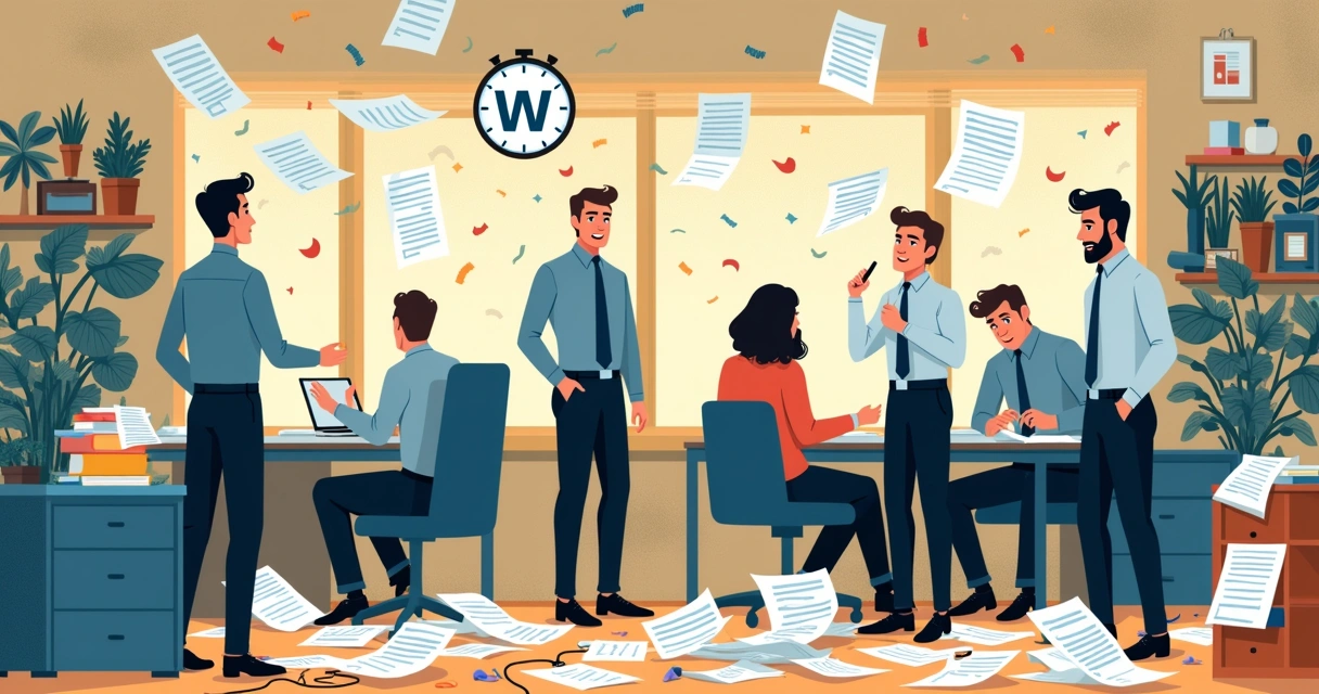 Frustrated sales and ops teams surrounded by tangled documents and multiple devices 