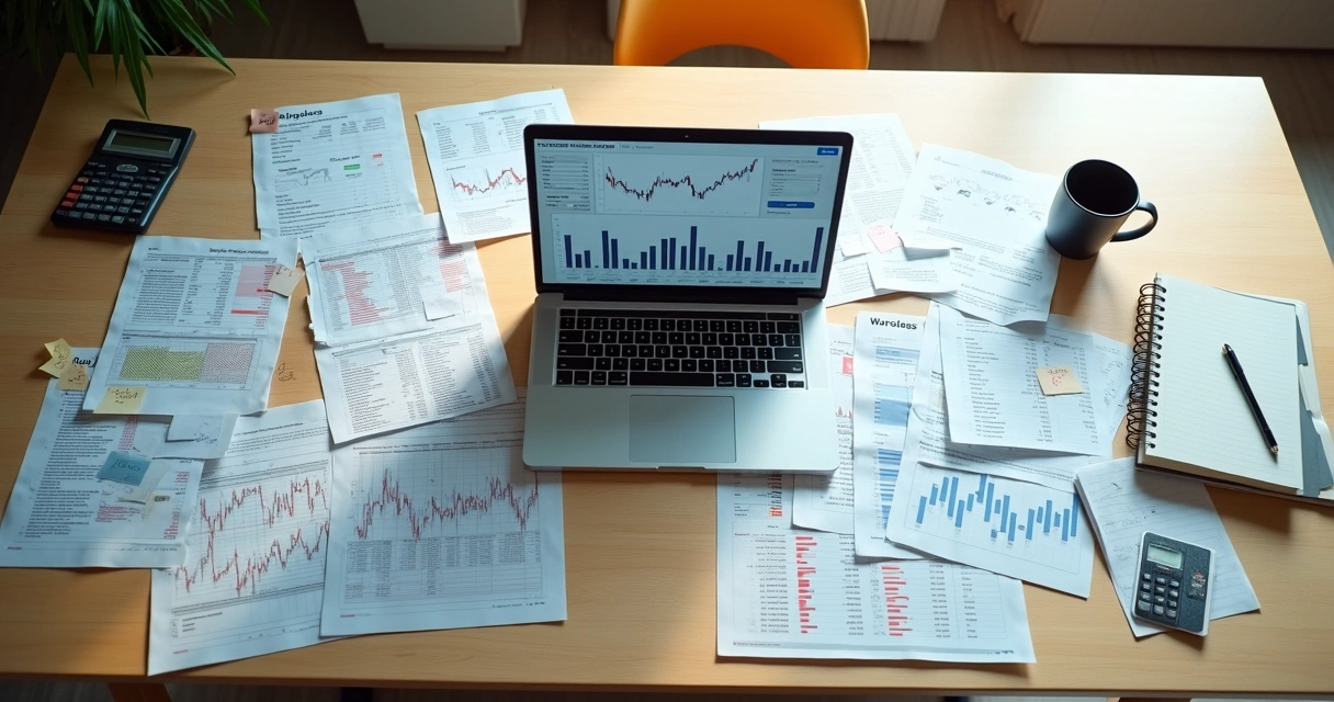 Overhead view of messy spreadsheets on desk contrasted with clean portfolio software dashboard on laptop 
