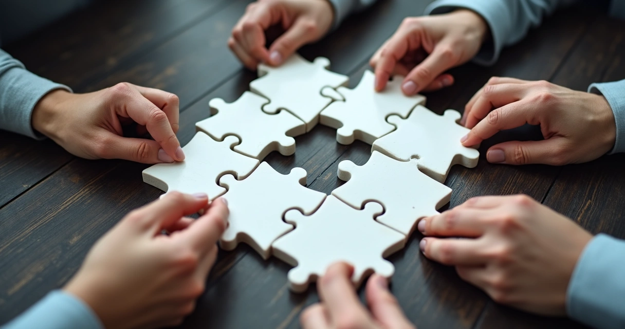 Disconnected puzzle pieces on a table missing a piece in the center 