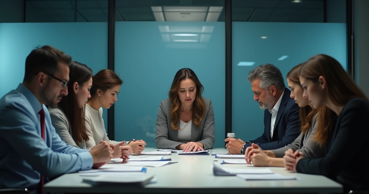 Team members in a meeting room, several looking away or distraught, with a clear sense of tension 