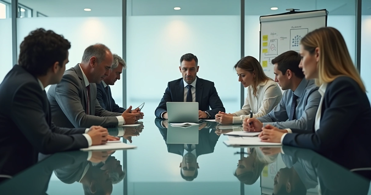Business team in tense meeting with subtle visual cracks symbolizing broken trust 