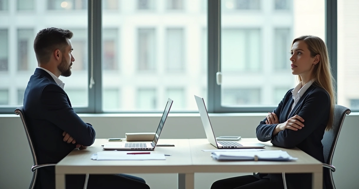 Two professionals at a table, looking away from each other, showing a sense of distance at work. 