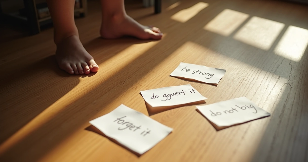 Paper words on a floor with light and shadow