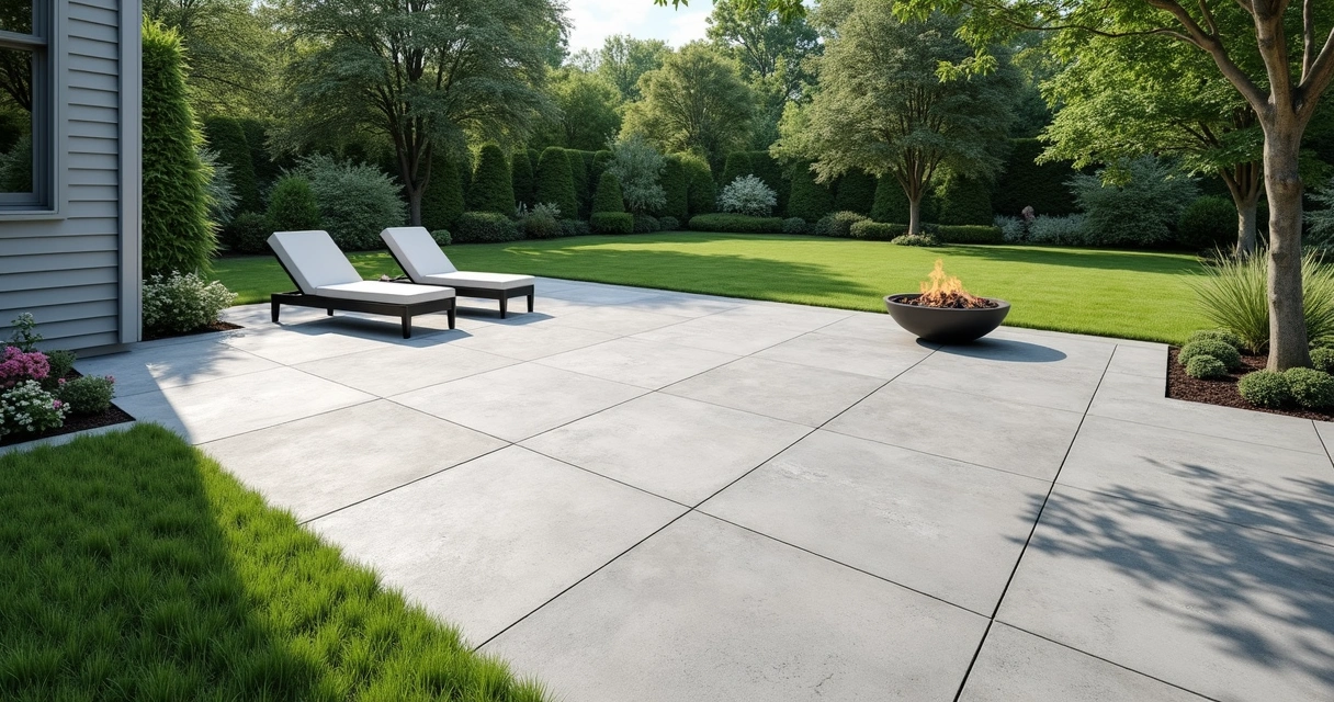 Patio with light gray broom finish texture, outdoor furniture, and green backyard.