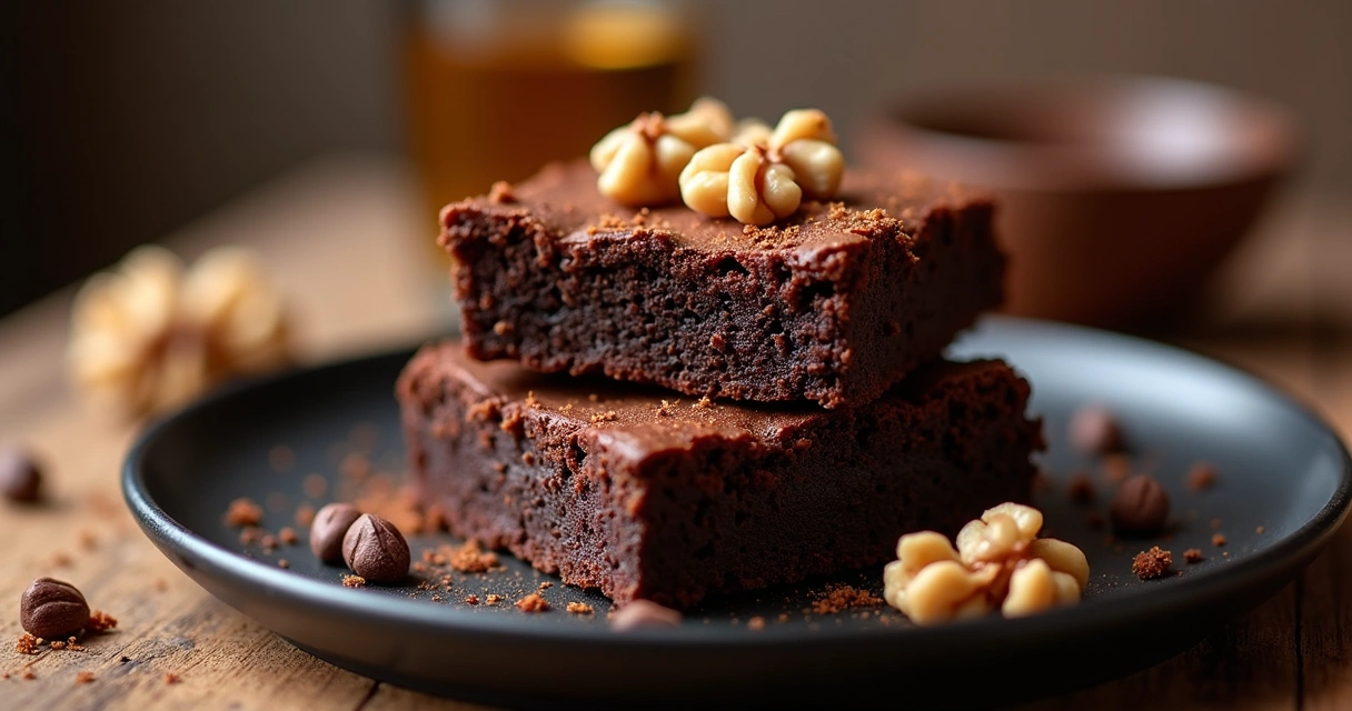 Brownies artesanais com textura fudgy, apresentados em prato elegante com nozes e detalhes de chocolate belga 