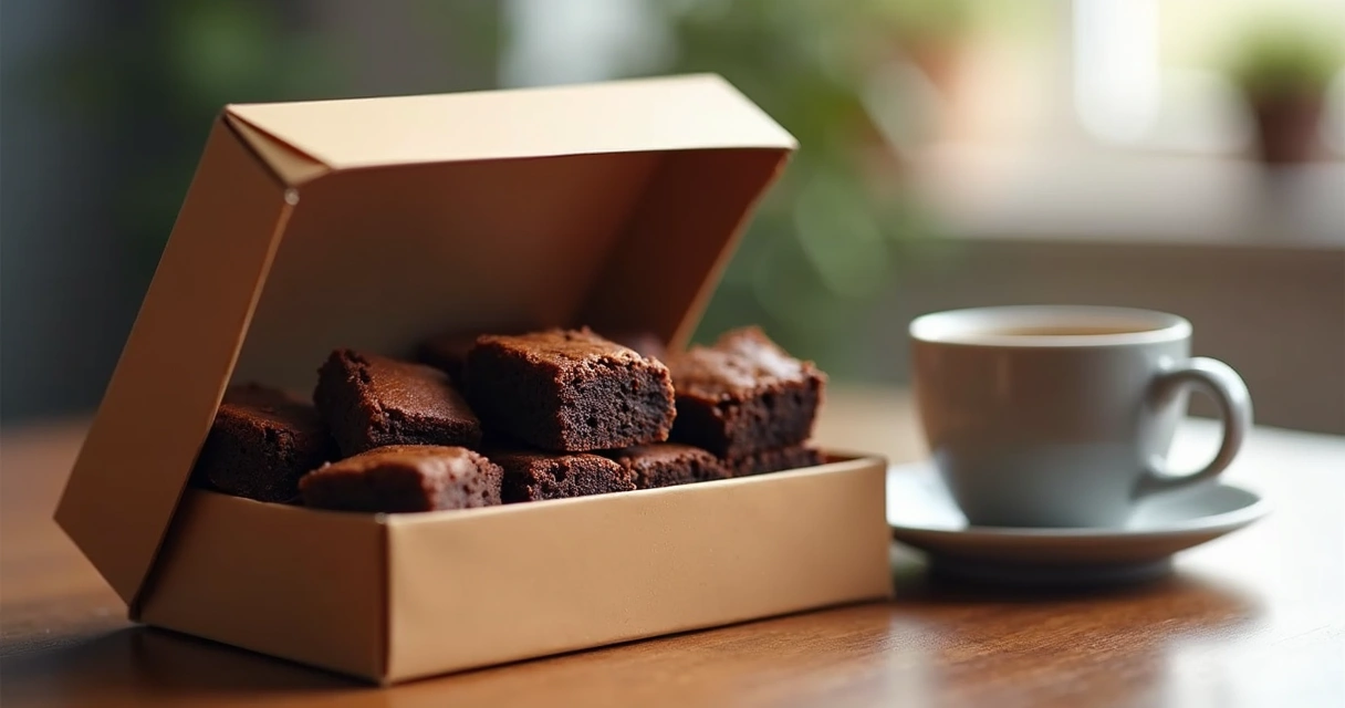 Caixa de brownies artesanais em embalagem de presente aberta na mesa de escritório