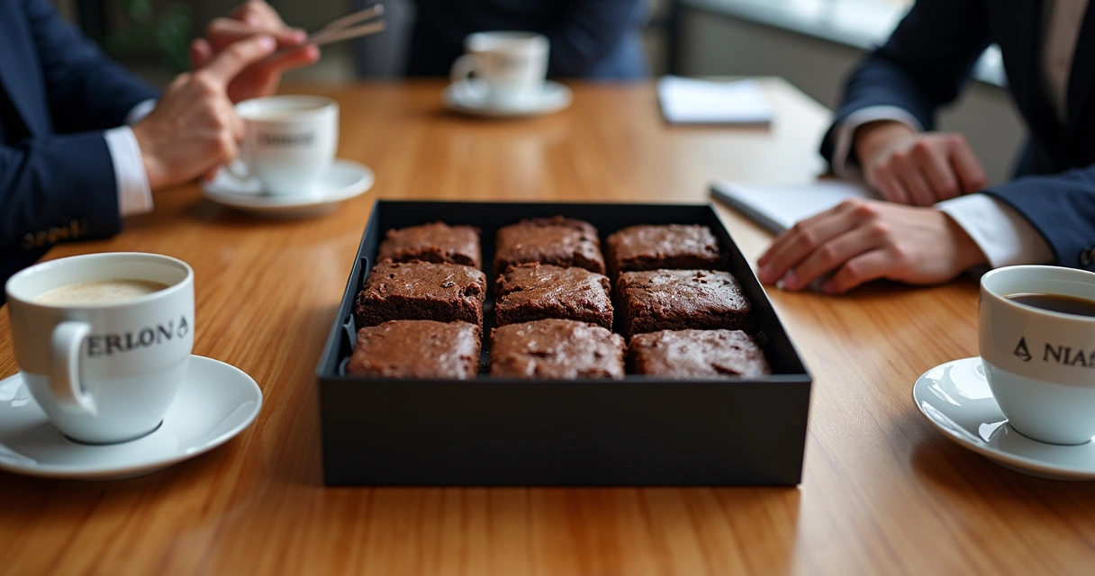 Brownies gourmet em caixa sobre mesa de reunião 