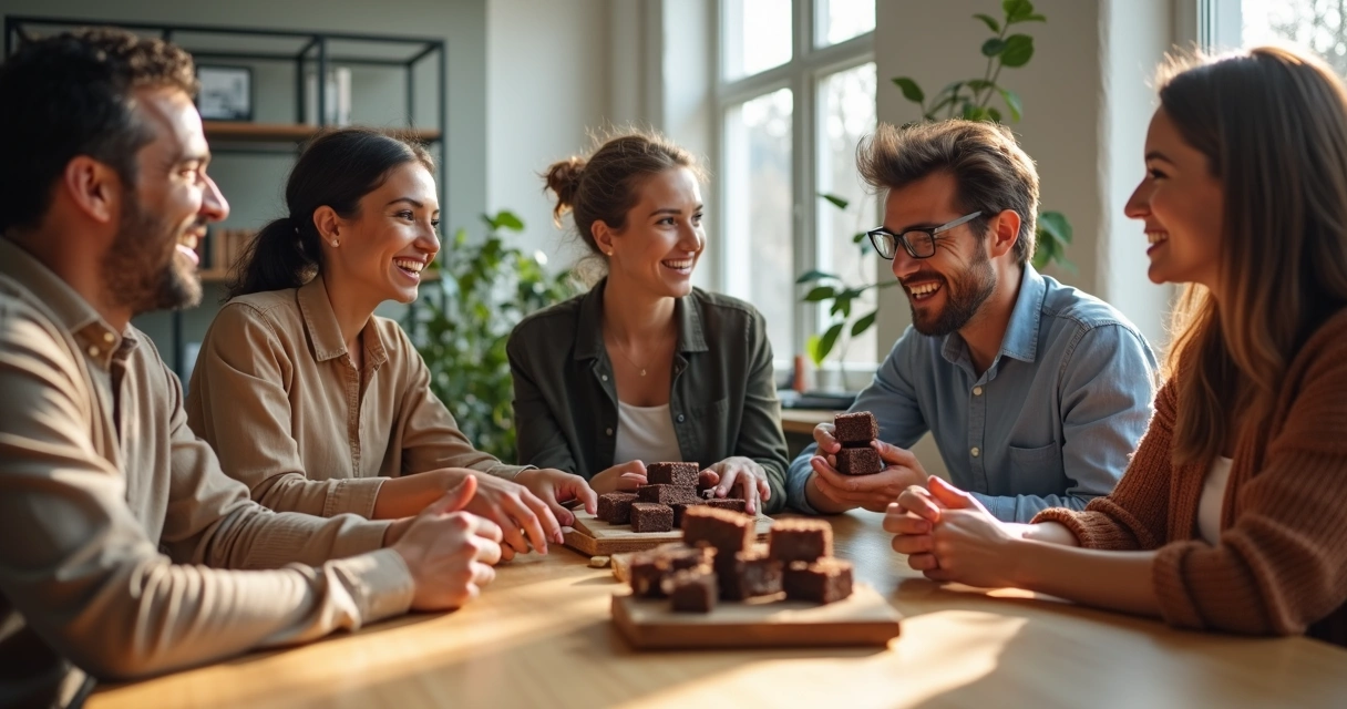 Funcionários sorrindo, dividindo brownies artesanais na mesa do escritório