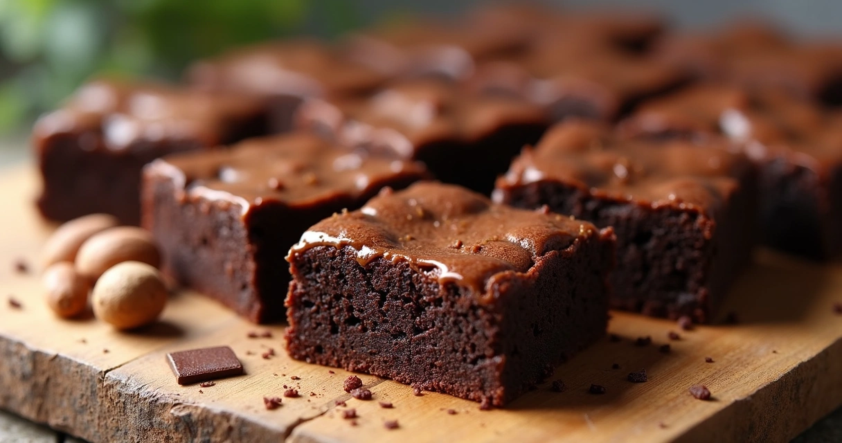 Brownie cortado perfeitamente com textura úmida e crocante 