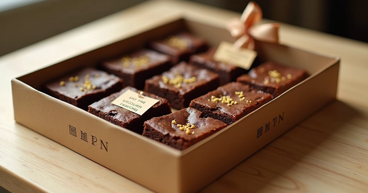 Bandeja de brownies artesanais em embalagem personalizada sobre mesa de madeira clara. 