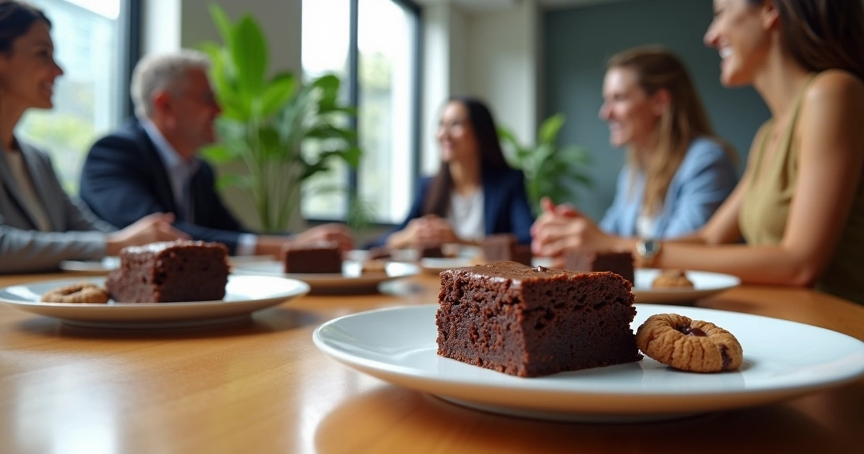Mesa de reunião corporativa com brownies artesanais em pratos, envolvendo colaboradores em ambiente de escritório moderno 