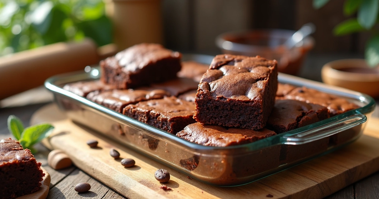 Bandeja de brownies artesanais com textura rica sobre mesa de madeira rústica iluminada por luz natural 