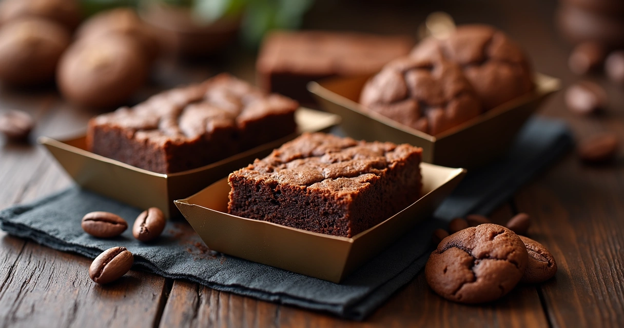 Close-up de brownies e cookies artesanais com acabamento premium em embalagem elegante sobre mesa de madeira escura 