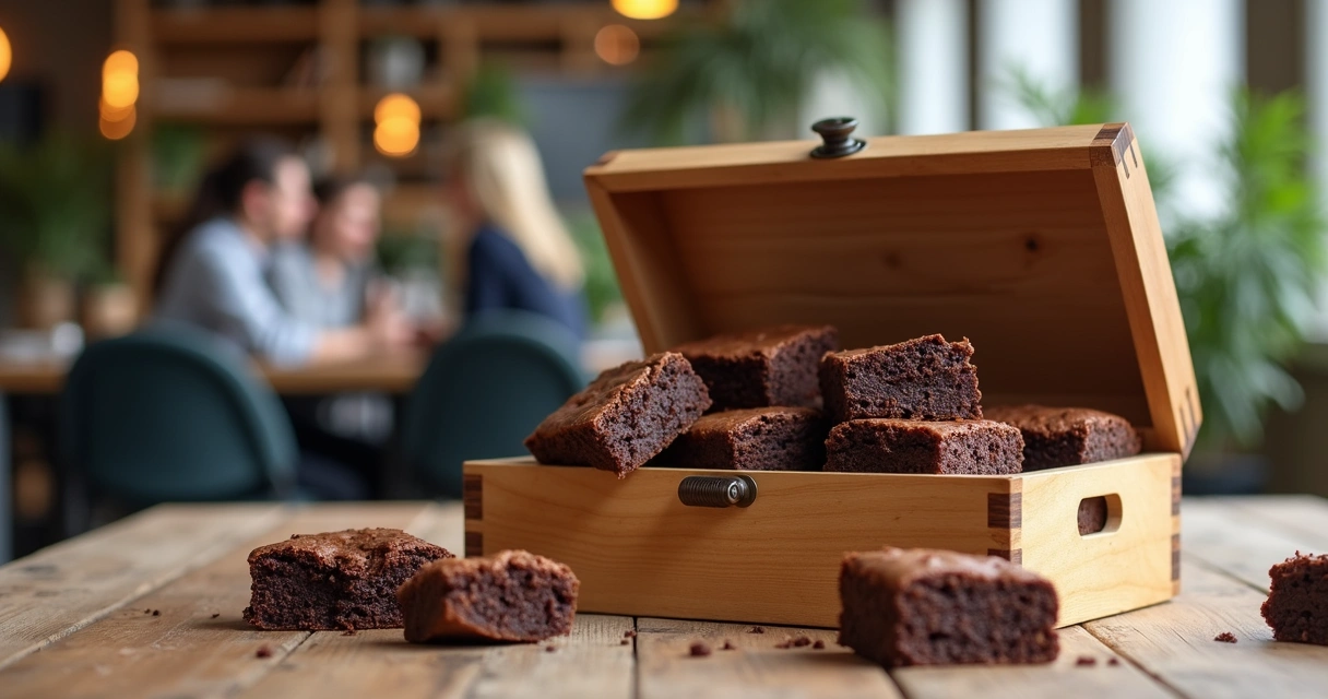 Caixa aberta com brownies artesanais sobre mesa de madeira em ambiente corporativo com pessoas ao fundo 