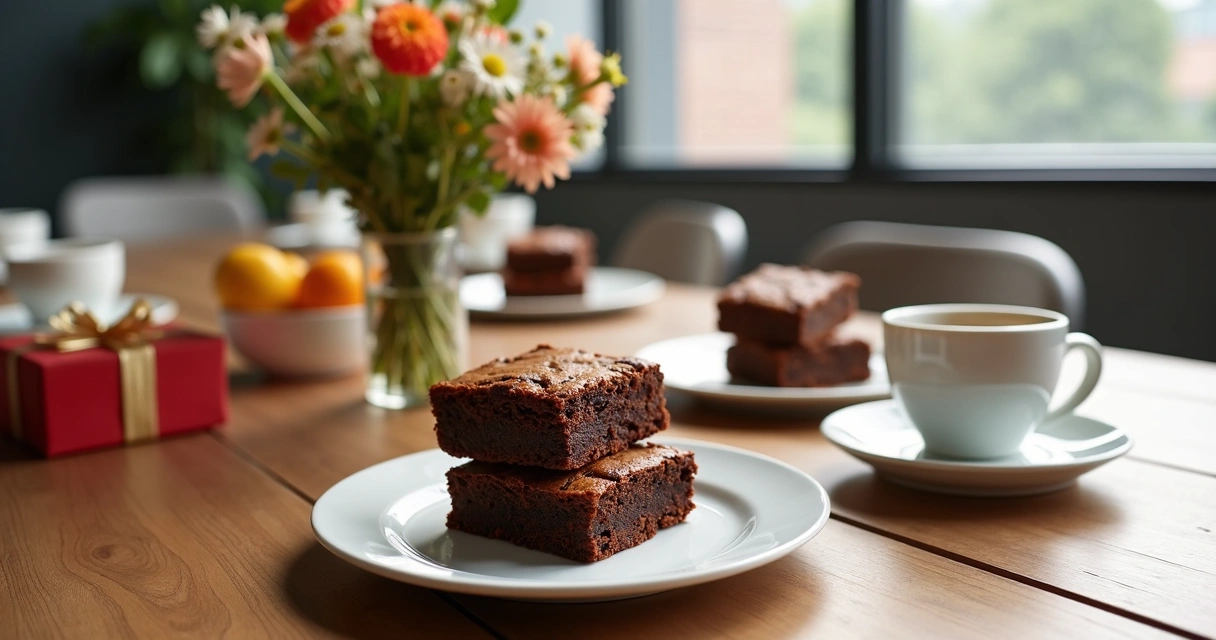 Brownies artesanais decorando uma mesa de escritório, ao lado de xícaras de café e flores. 