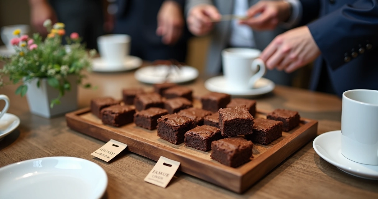 Bandeja de brownies artesanais em evento corporativo