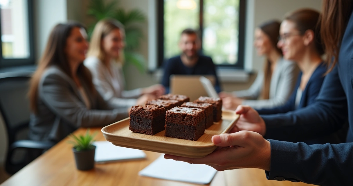 Bandeja de brownies artesanais sendo entregue em reunião de escritório 