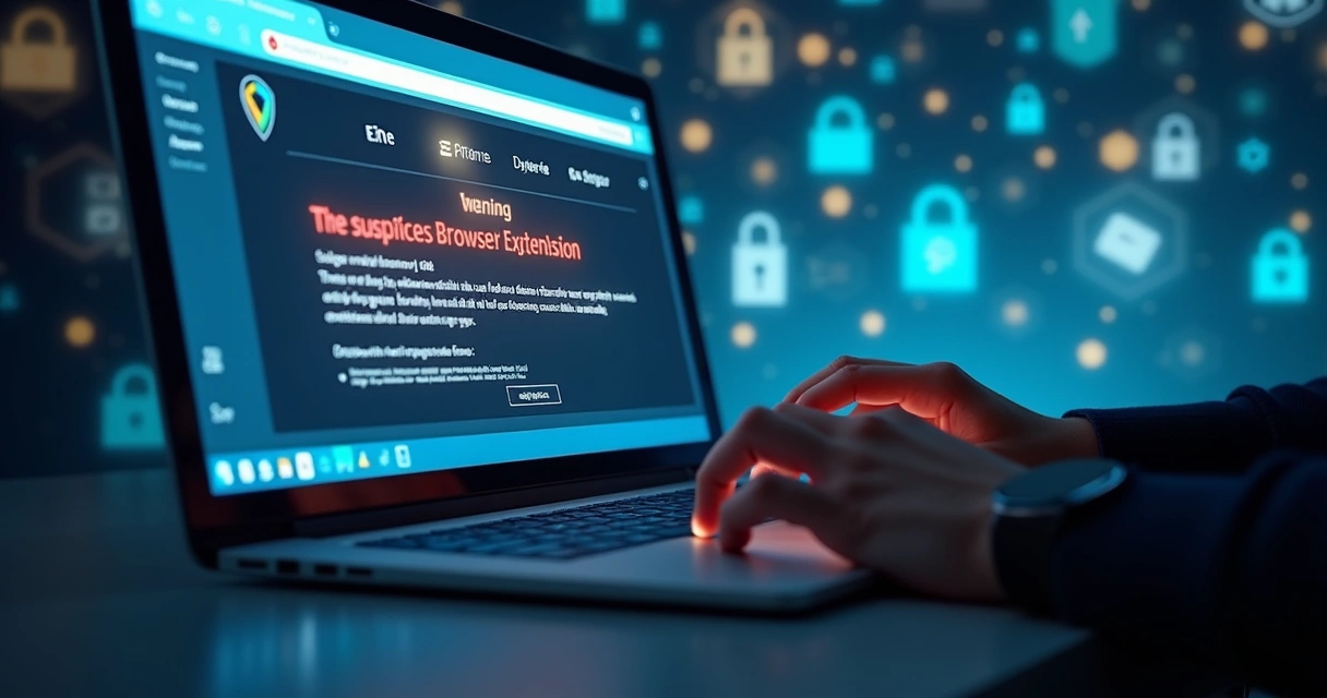 Browser window with suspicious pop-up warning highlighting extension risks 