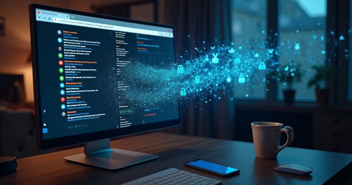 Browser toolbar icons stretching into a stream of data leaving the screen 