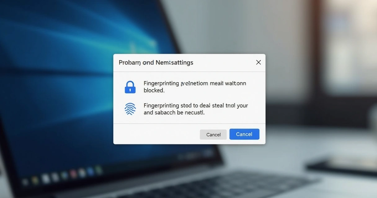 Browser privacy interface with fingerprinting blocking message 