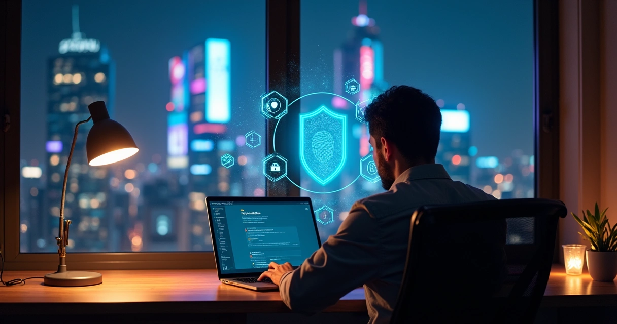 Night user silhouette at laptop surrounded by glowing shield with blocked tracking icons 