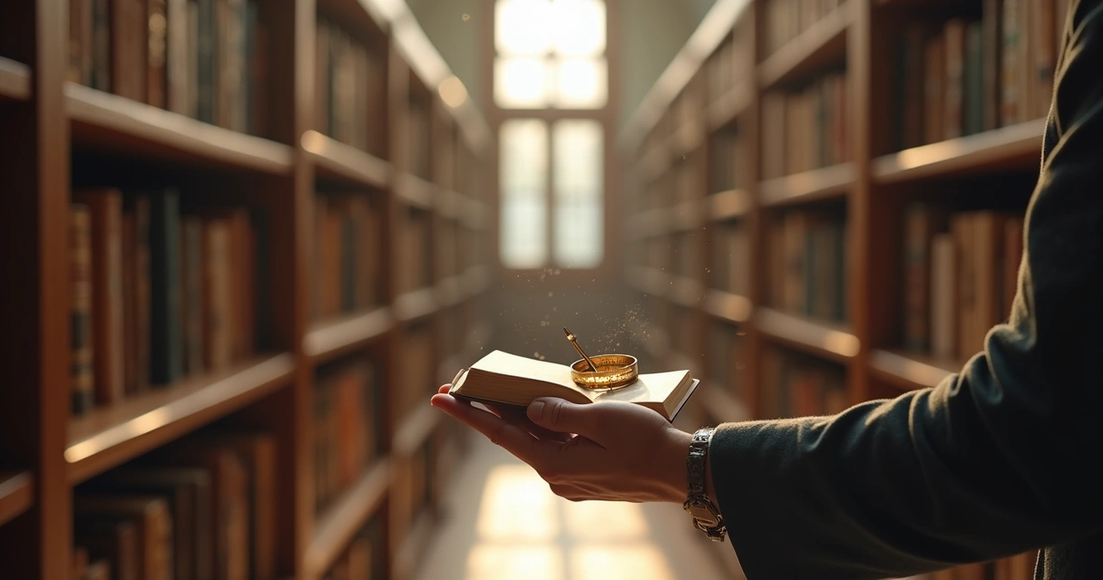 Persona eligiendo un libro guiada por una brújula luminosa 