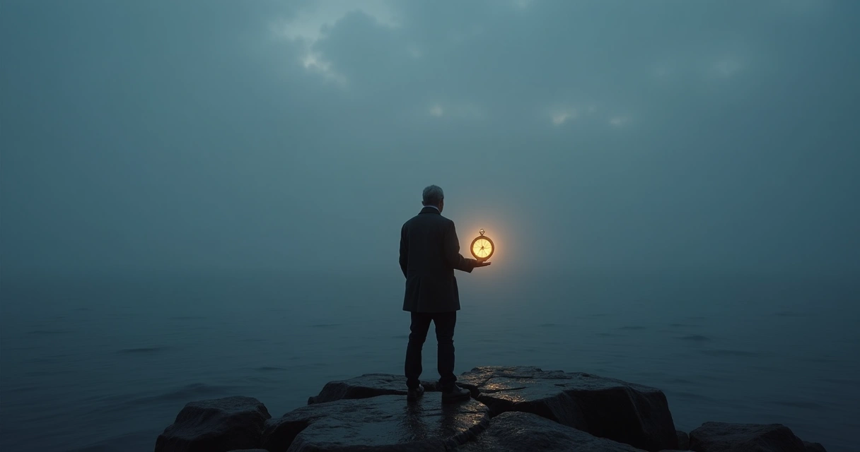 Persona sosteniendo una brújula luminosa frente a un mar cubierto de niebla 