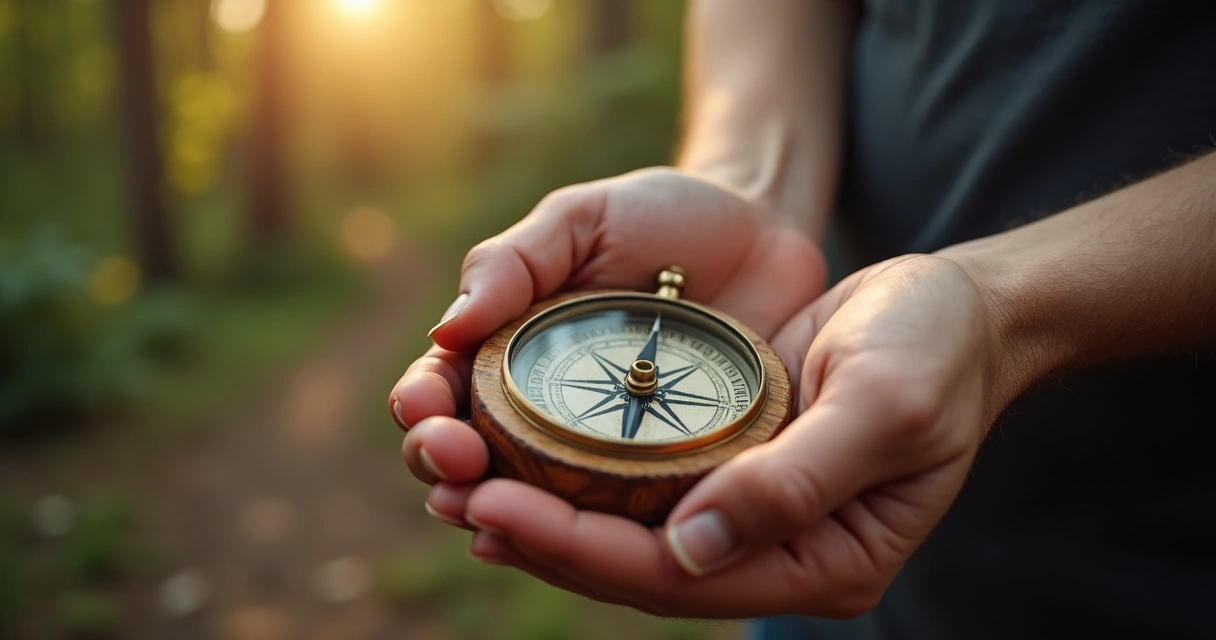 Mãos segurando uma bússola apontando para o norte, com fundo de floresta 