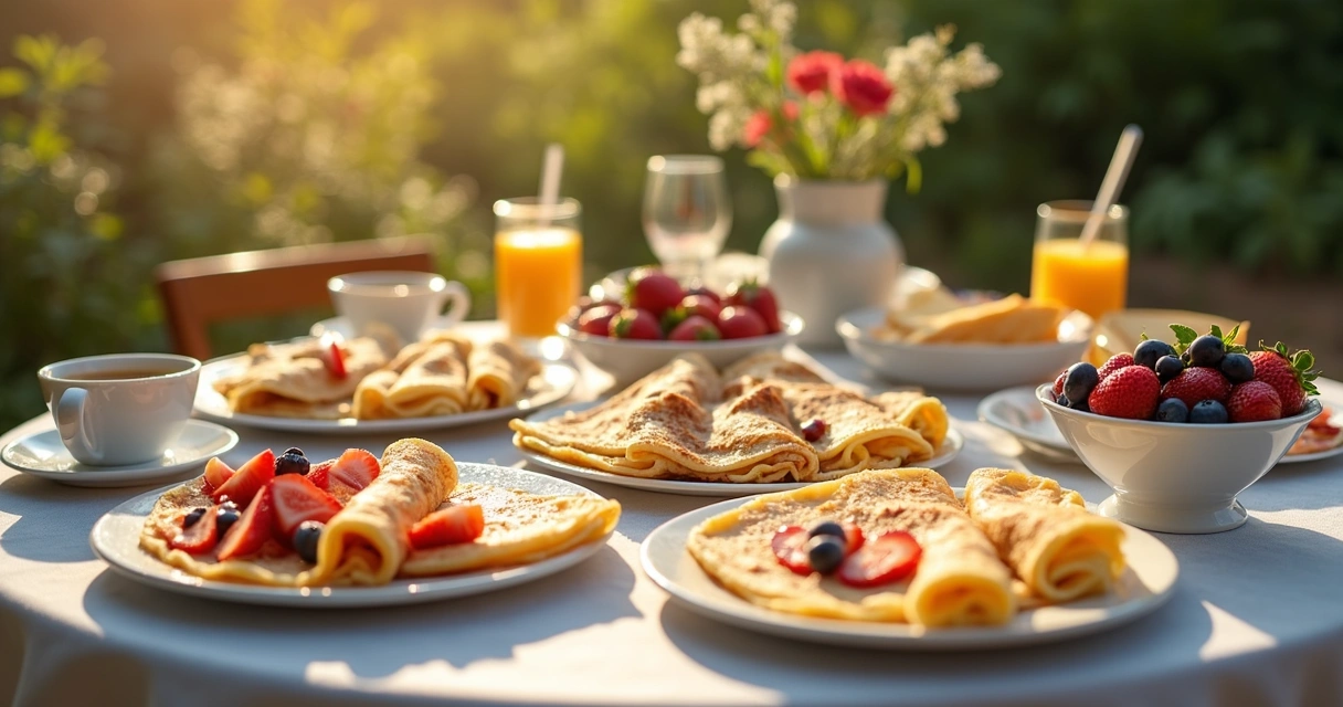 Mesa com crepes, café, frutas e suco em manhã ensolarada 