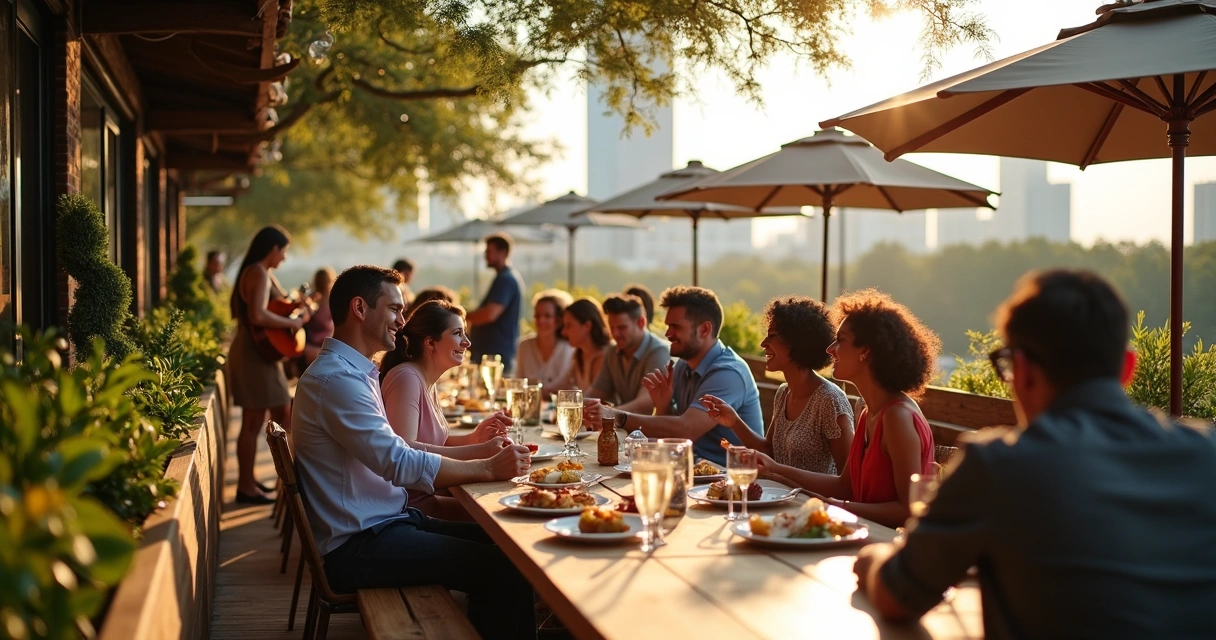 Diverse brunch crowd enjoying a meal at a sunlit patio with music
