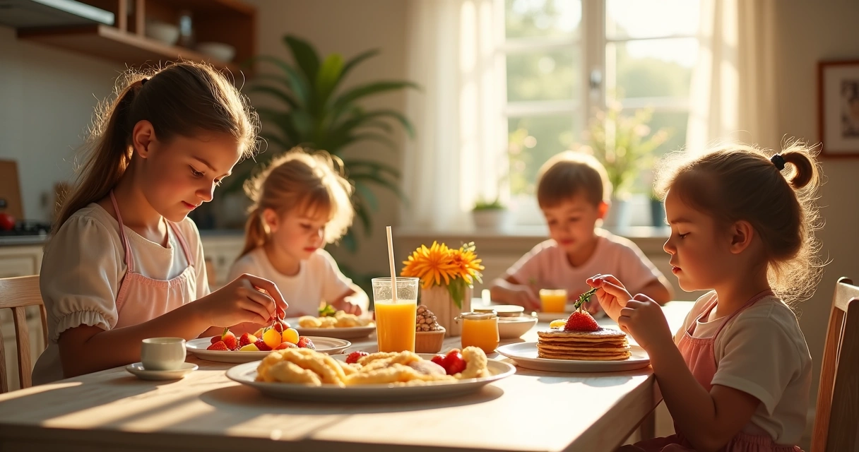 Família reunida preparando brunch do Dia das Mães com pratos coloridos