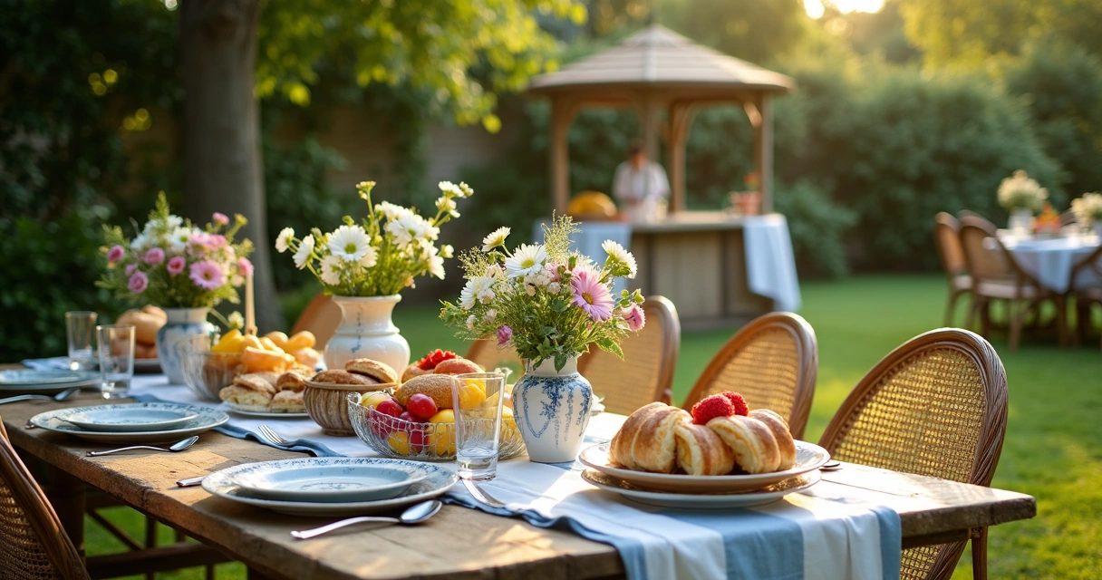 Mesa de brunch francesa montada em jardim ao ar livre 