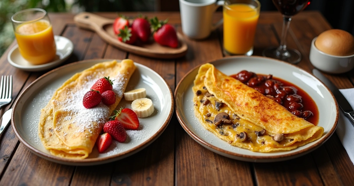 Pratos de crepes lado a lado, um típico de brunch e outro de jantar 
