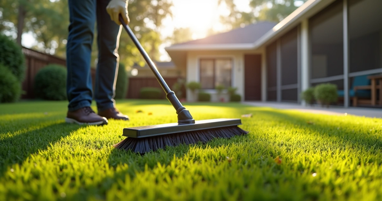 Homeowner brushing debris off artificial turf lawn 