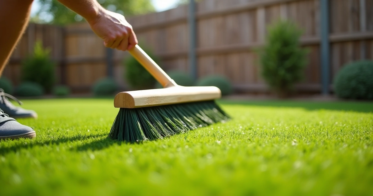 Homeowner brushing fibers on artificial turf