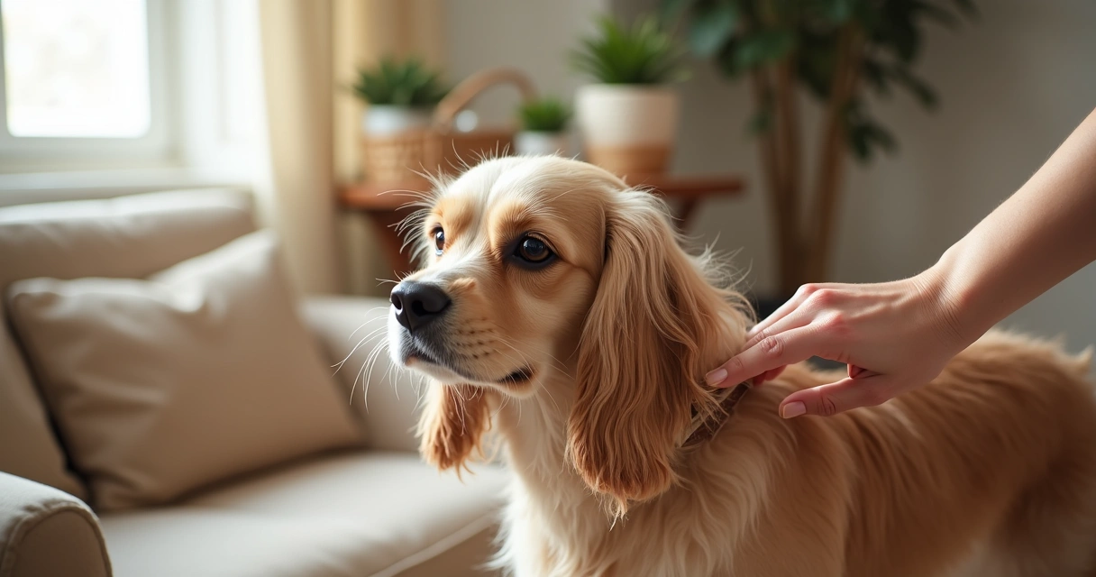 Brushing behind a dog's ear with a slicker brush 