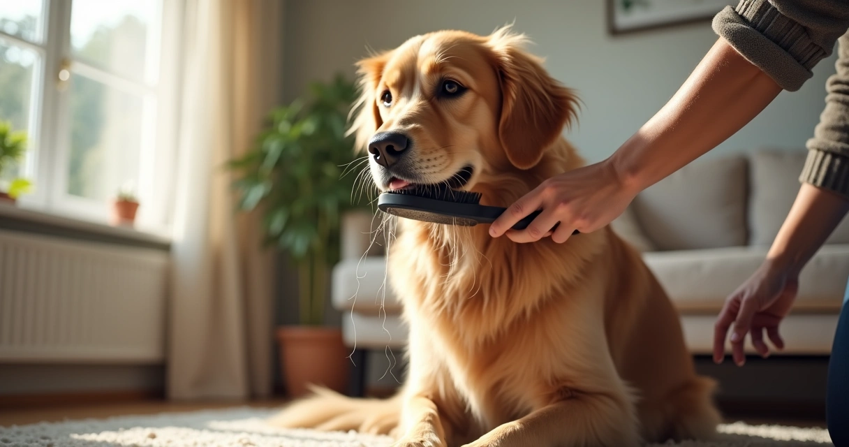 Person brushing a golden retriever to reduce shedding at home 