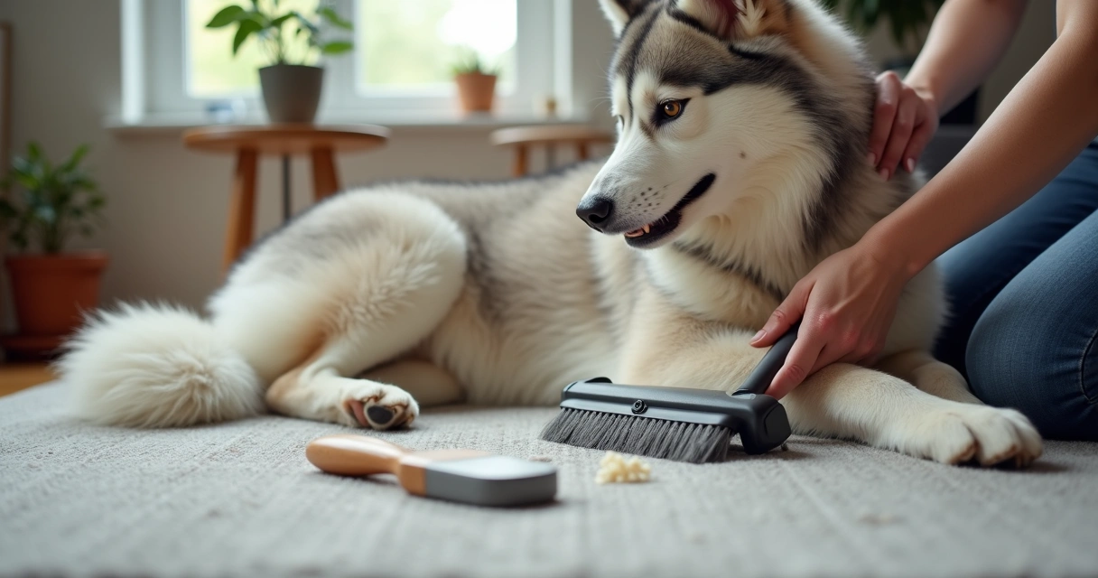 Owner brushing a fluffy double coat.