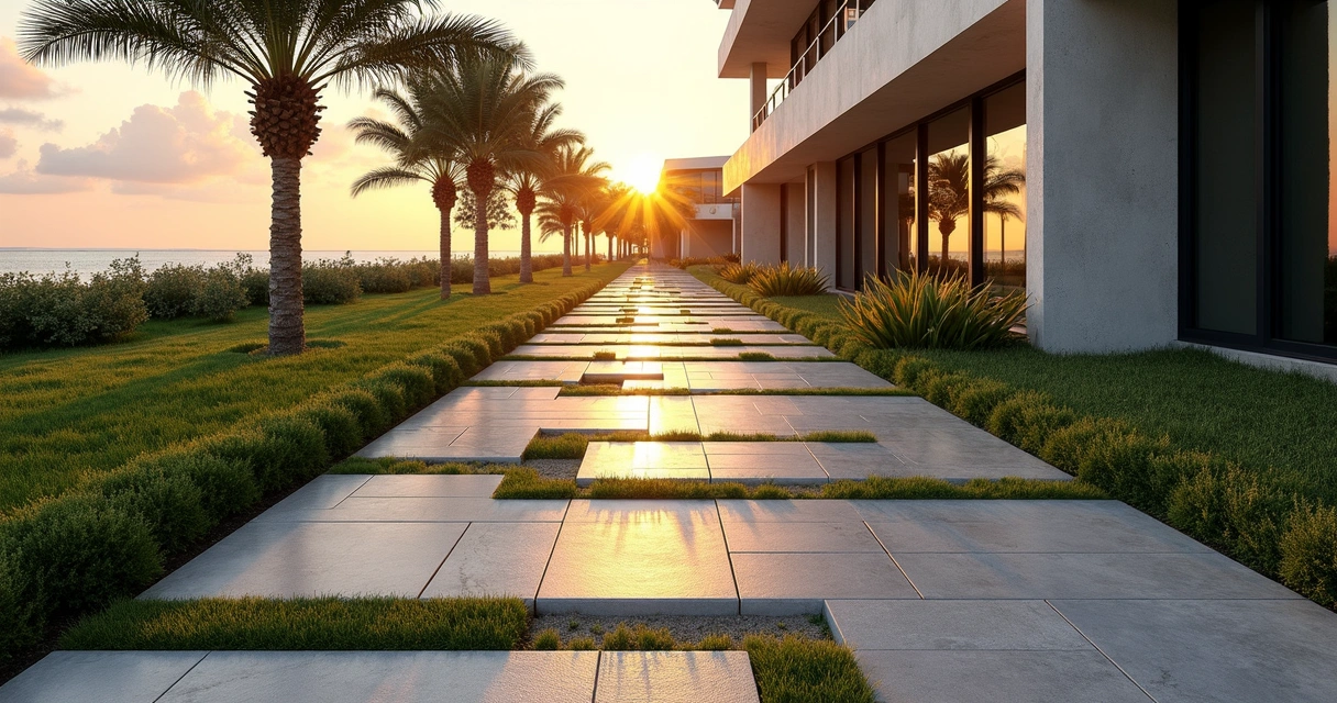 Brutalism-inspired concrete walkway with bold geometric pavers