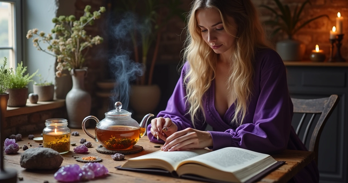 Pessoa preparando chá em ritual, rodeada por cristais e velas 