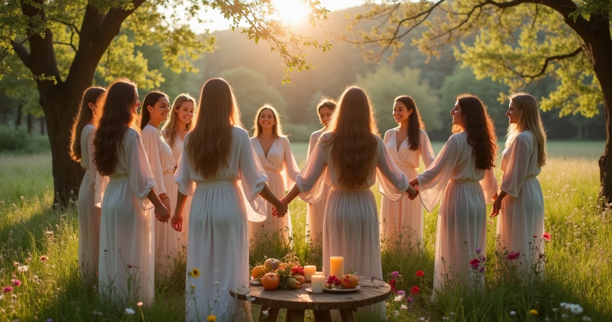 Pessoas com vestes claras celebrando ao ar livre com flores 