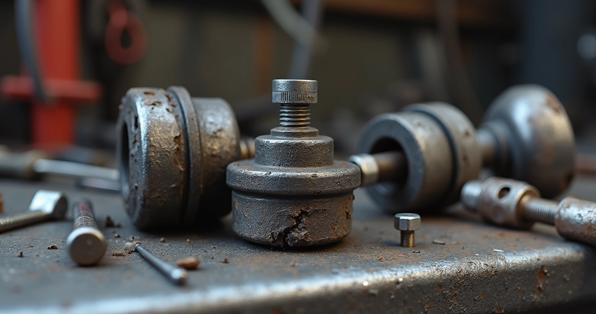 Detalhe de bucha e pivô usados em suspensão dianteira sobre bancada 