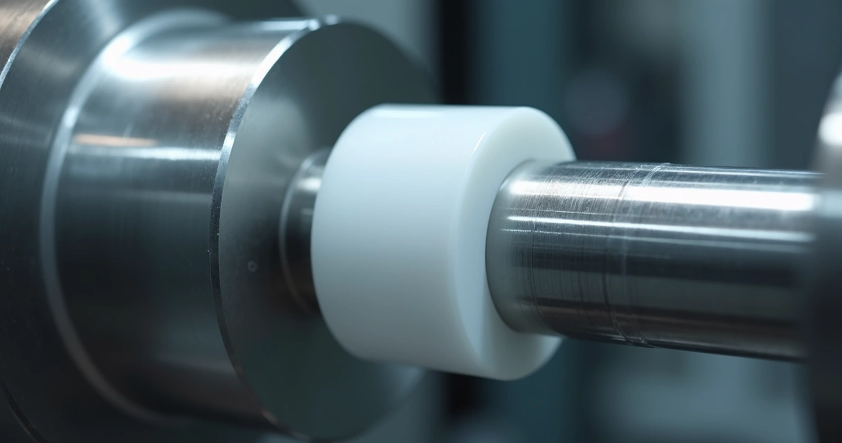 Buchas moldadas em teflon: bucha de PTFE ao lado de eixo metálico industrial
