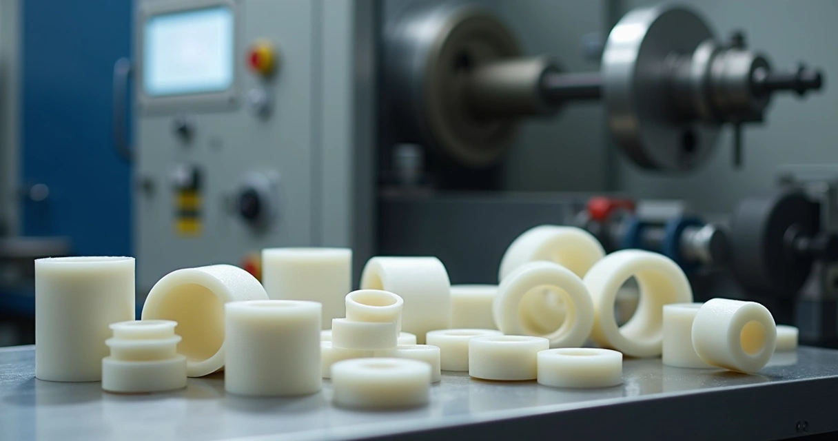 Buchas e peças usinadas de poliamida em bancada industrial 
