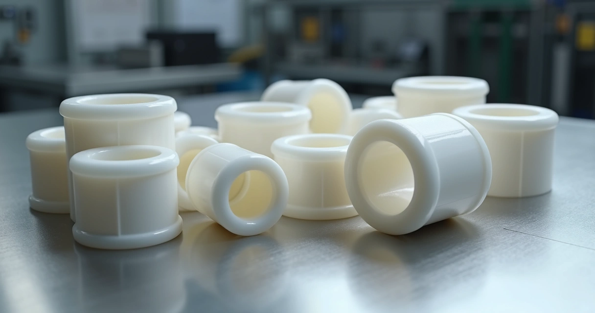 Conjunto de buchas moldadas em teflon brancas alinhadas sobre superfície metálica 