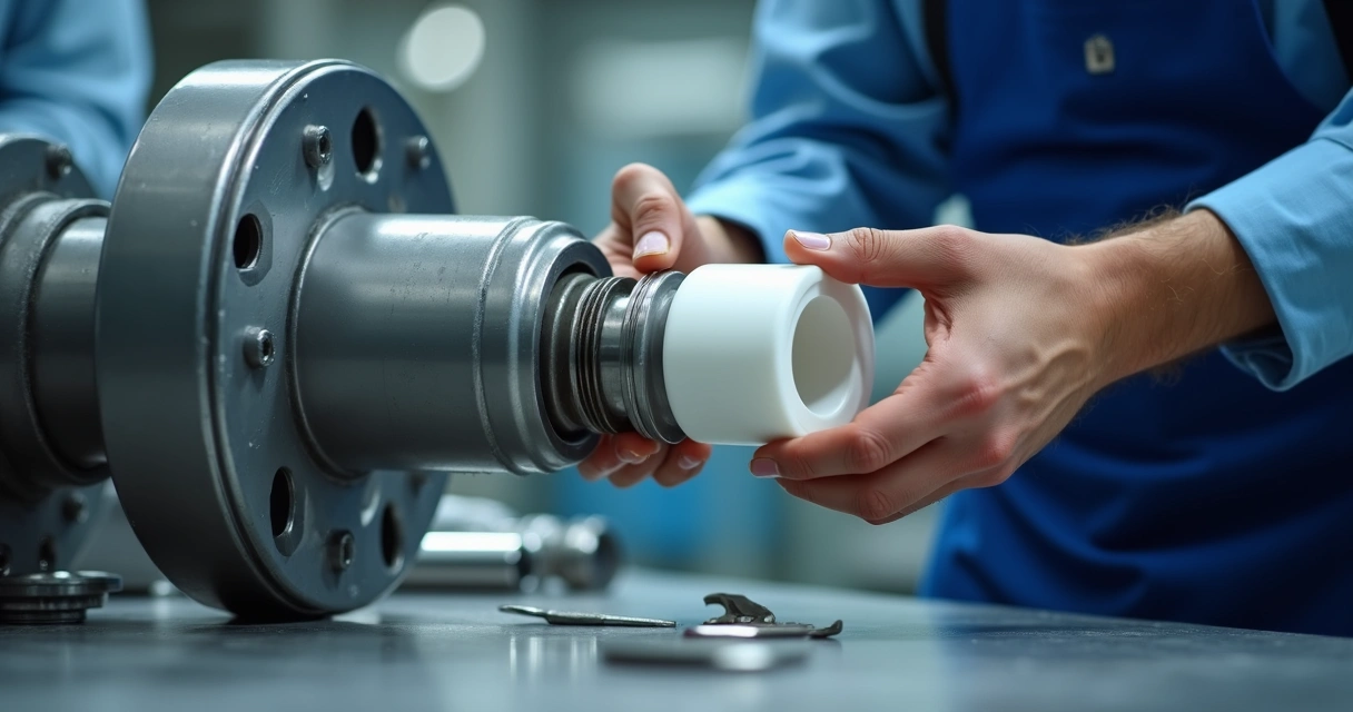 Engenheiro instalando bucha de teflon em maquinaria 